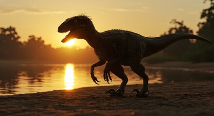 Fototapeta premium Silhouette of avelociraptor standing near a body of water during a vibrant sunset with trees in the back