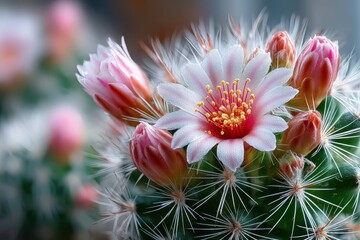 Close up of a blooming pink cactus flower