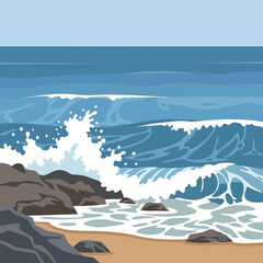 A stylized illustration of powerful ocean waves with white foam crashing onto a rocky and sandy beach under a clear blue sky. © Gilang