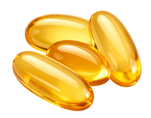 Golden Omega-3 Fish Oil Capsules Falling in Midair – Transparent PNG