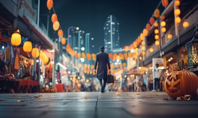 Festive City Street Blending Asian Culture and Halloween Magic Under Warm Lantern Lights