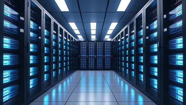 Modern data center server room with blue lights and rows of racks.
