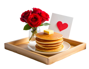 Side View of Romantic Breakfast in Bed Tray with Red Roses and Stack of Pancakes, Isolated PNG