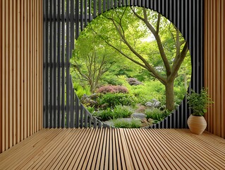 Obraz premium Wooden Circle Frame Enclosing Lush Greenery and Dark Wooden Floor
