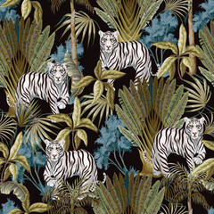 Seamless Tropical Jungle Tiger Pattern with White Striped Wildlife Foliage Repeat Artwork