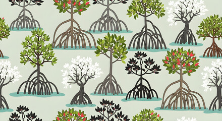 A repeating pattern of stylized mangrove trees with intricate root systems emerging from calm water.