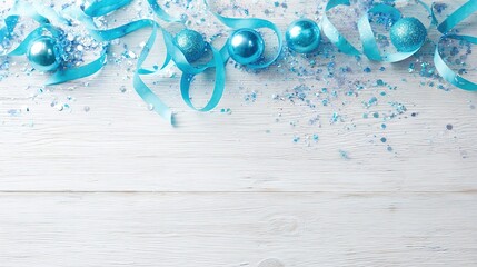 Elegant blue celebration elements on white wood grain texture, soft light highlighting delicate highlights and shadows