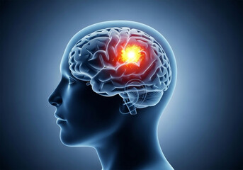 A digital illustration of a human brain, overlaid with a translucent representation of a human head in profile, is depicted