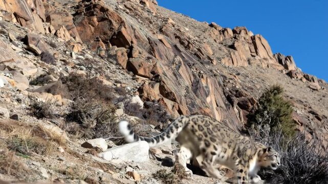 Snow Leopard Walking on Rocky Mountain Slope with Blue Sky Above During Daytime