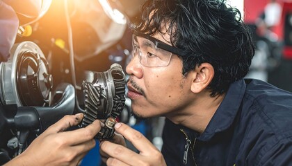 Mechanic inspecting motorcycle transmission