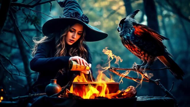 Beautiful young very attractive witch brews a magic potion in a fairy forest.