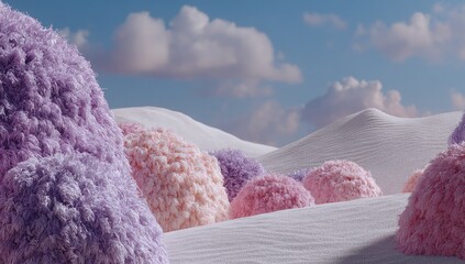 Fluffy, pastel-colored mounds adorn a serene, sandy landscape beneath a light, cloudy sky.