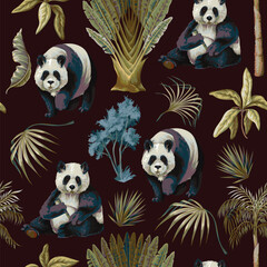 Seamless Jungle Panda Pattern Featuring Tropical Foliage and Exotic Wildlife Illustration Art