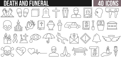 Minimalist line icon collection related to death, funeral, mourning, and memorial themes. Perfect for web, apps, print, and graphic design projects.