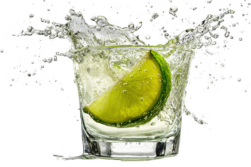 Refreshing lime slice plunging into glass of water creating beautiful water splash transparent background