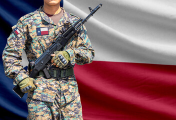 Texas US state flag with soldier holding assault rifle