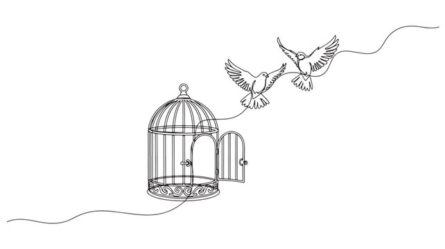 Two birds flying from cage open door freedom concept One line art drawing Isolated on white background