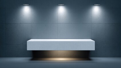 Modern, minimalist display platform against a muted gray concrete backdrop, illuminated by three spotlights.