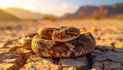 Desert Horned Viper Coiled on Cracked Earth in Cinematic Light