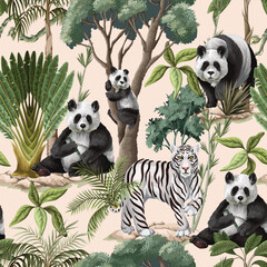 Seamless Jungle Panda Pattern Featuring Tropical Foliage and Exotic Wildlife Illustration Art