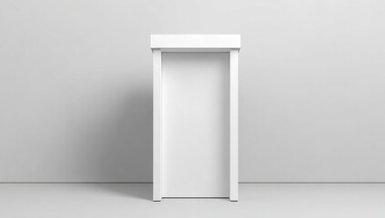 A minimalist white structure, a door-like element, stands in a neutral, empty room.