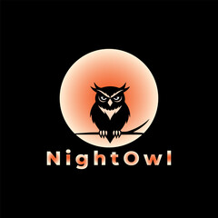 Owl face logo template with moonlight at night background