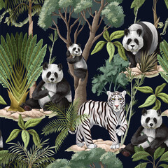 Seamless Jungle Panda Pattern Featuring Tropical Foliage and Exotic Wildlife Illustration Art