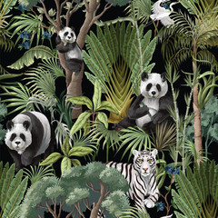 Seamless Jungle Panda Pattern Featuring Tropical Foliage and Exotic Wildlife Illustration Art