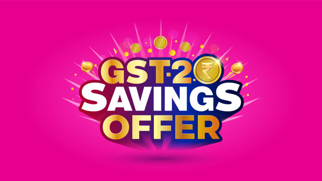 GST 2.0 saving offer logotype design with gold coin. Sale, bonanza, discount advertising concept with festive background.