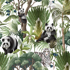 Seamless Jungle Panda Pattern Featuring Tropical Foliage and Exotic Wildlife Illustration Art