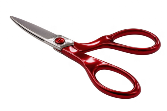 Shiny professional scissors in red with a sharp silver blade isolated on transparent background