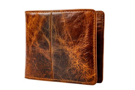 Close up view of a high quality brown leather wallet on a transparent background