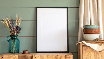 Blank White Poster Frame Mockup on Rustic Wooden Shelf