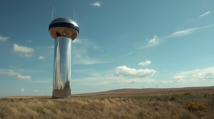 Chrome rural watchtower isolated on white background for heritage security and traditional architecture design