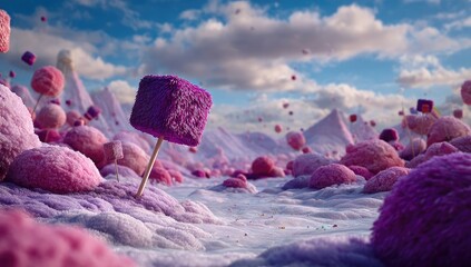 A whimsical landscape of fluffy, textured, pink and purple spheres and cubes against a bright sky.