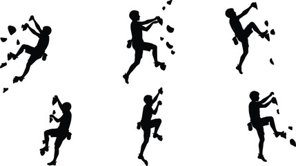 Rock climbing silhouettes, climber poses, helmet, harness, vertical ascent, sport action, black vector, fitness, isolated, set, technique, grip