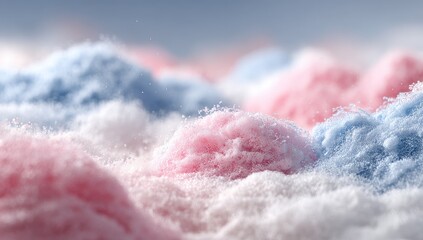 Close-up view of fluffy, textured piles of light pink and light blue powder, with a soft, pastel color palette and a subtle, dreamy mood.