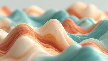 Abstract design featuring undulating, soft forms in pastel peach, cream, and teal tones.
