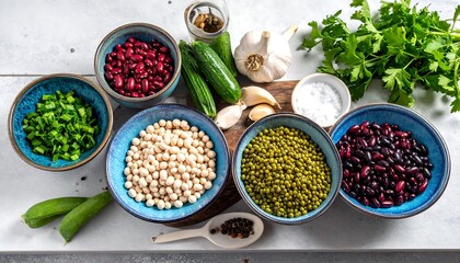 Healthy breakfast tray with oatmeal topped with berries, surrounded by sliced fruits, nuts, and wooden spoon on white surface.
