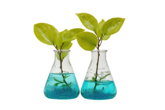 Two laboratory flasks holding green leaves and blue liquid on a transparent background