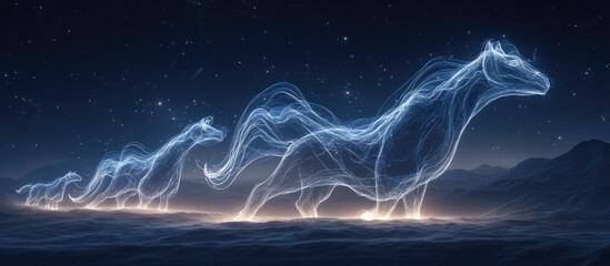 Three ethereal horses, rendered in translucent light, traverse a starry desert landscape.