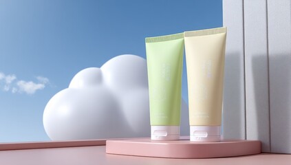 Pastel-toned skincare products displayed against a backdrop of a large, stylized cloud and a pale blue sky.