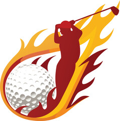 Silhouette Golfer Swinging Club at Fiery Golf Ball on White Background Keywords: golf, golfer, silhouette, club, swing, ball, sport, game, action, dynamic, energetic, motion, speed, power