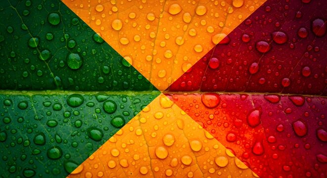 Vibrant geometric pattern of a colorful umbrella covered in refreshing water droplets