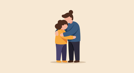 A heartwarming flat design illustration captures a parent tenderly embracing a child, symbolizing unconditional love and protection. This minimalist graphic conveys deep familial bonds and affection.