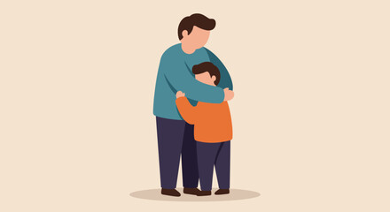 A heartwarming flat design illustration captures a parent tenderly embracing a child, symbolizing unconditional love and protection. This minimalist graphic conveys deep familial bonds and affection.
