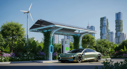 Futuristic electric car charges under a solar canopy at an eco-friendly station, surrounded by lush greenery and wind turbines, with modern sustainable skyscrapers in the background.