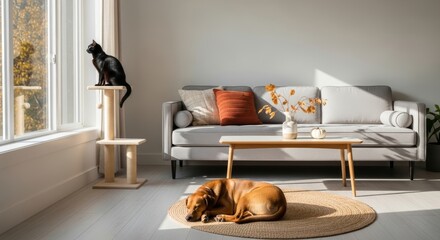 Sunny minimalist living room with a sleeping dog on a round jute rug, black cat on a scratching post by window, neutral sofa, autumn decor, and calm Scandinavian style.