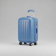 Modern blue hardside rolling suitcase with telescopic handle and spinner wheels on a light gray background
