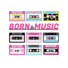 Colorful Retro Cassette Tape Pattern with Vintage Pop Neon Aesthetic Design